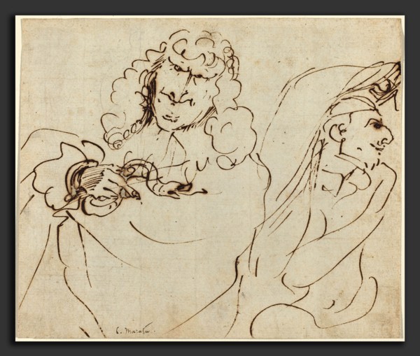 Pier Francesco Mola (Italian, 1612 - 1666), Caricature with Mola Protecting Himself from Carlo