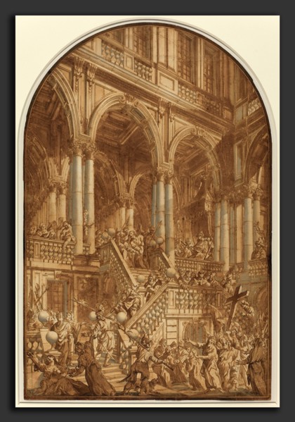 Giuseppe Galli Bibiena (Italian, 1696 - 1757), Christ Led Captive from a Palace, 1740-1745, pen and