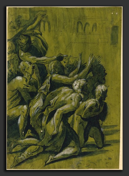 after Guiseppe Nicolo Vicentino, Nine Figures, pen and black ink with gray wash heightened with