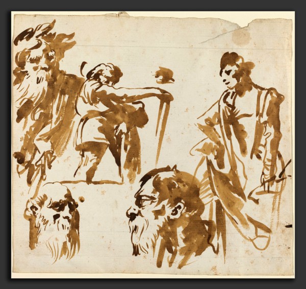 Giovanni Domenico Tiepolo (Italian, 1727 - 1804), Figures and Faces, 1750s, brush and brown wash on