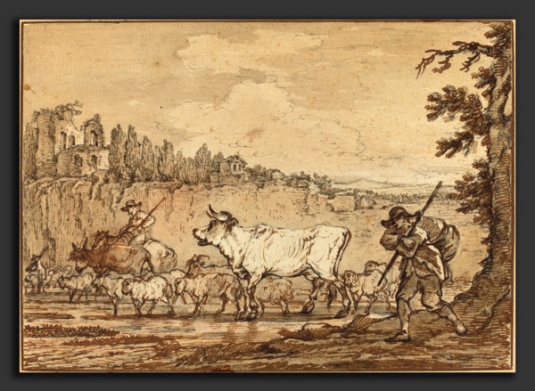Attributed to Francesco Casanova (Italian, c. 1732-1733 - 1803), Herdsman Crossing a River, pen and