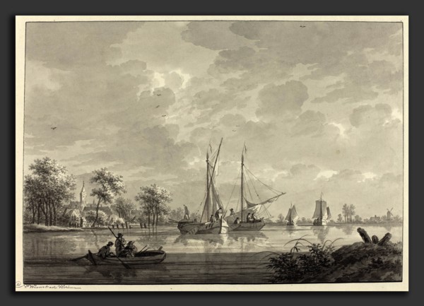 Nicolaas Wicart (Dutch, 1748 - 1815), Tull on the River Waal, gray wash over black chalk on laid