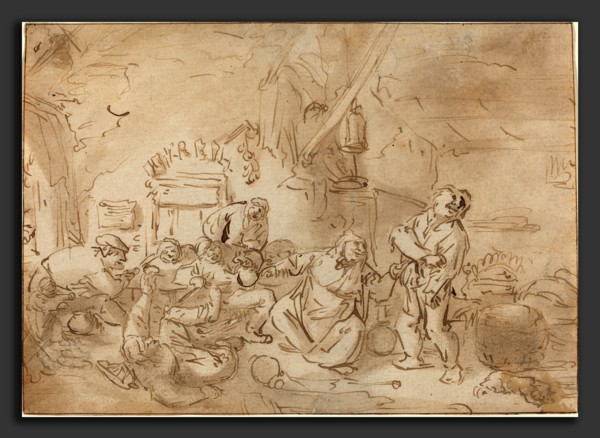 Style of Adriaen van Ostade, Brawl in an Inn, c. 1635, pen and brown ink with brown wash and