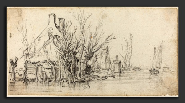 Jan van Goyen (Dutch, 1596 - 1656), Cottages by a River, c. 1627-1629, black chalk with touches of