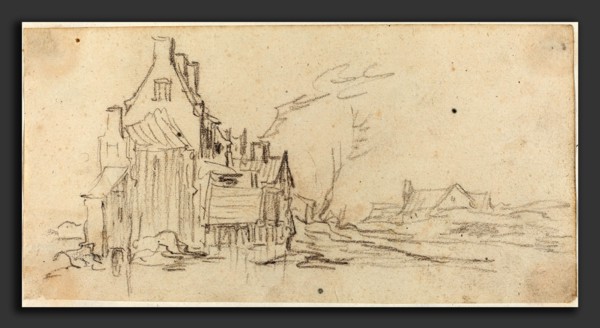 Jan van Goyen (Dutch, 1596 - 1656), Houses by a Road, c.1627-1629, black chalk on laid paper