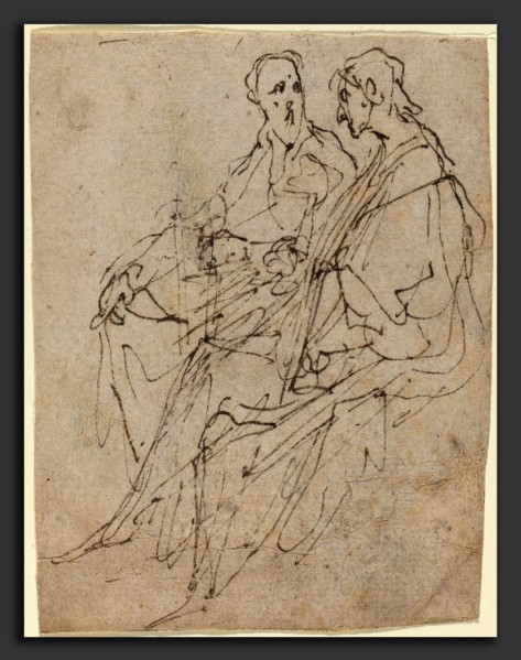 Sir Anthony van Dyck (Flemish, 1599 - 1641), Two Seated Male Figures, pen and black ink on buff