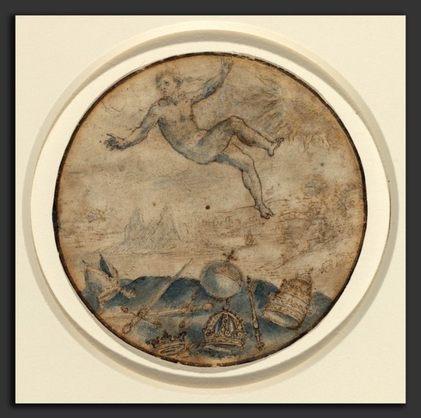 Flemish 17th Century, Man Falling from the Sky, pen and brown ink with blue wash and touches of