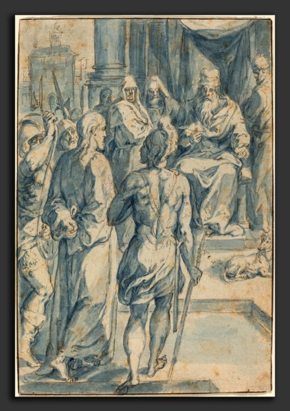 Crispen van den Broecke (Netherlandish, 1524 - 1591), Christ before Caiaphas, pen and brown ink