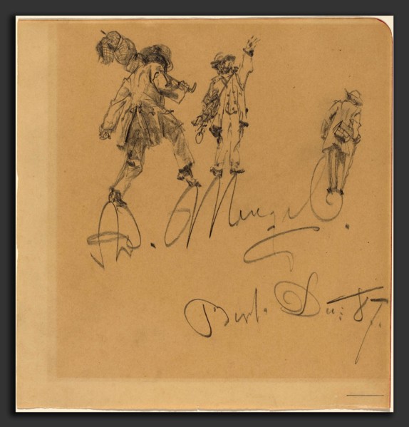 Adolph Menzel (German, 1815 - 1905), Three Hobos on the Artist's Signature, 1887, graphite on light