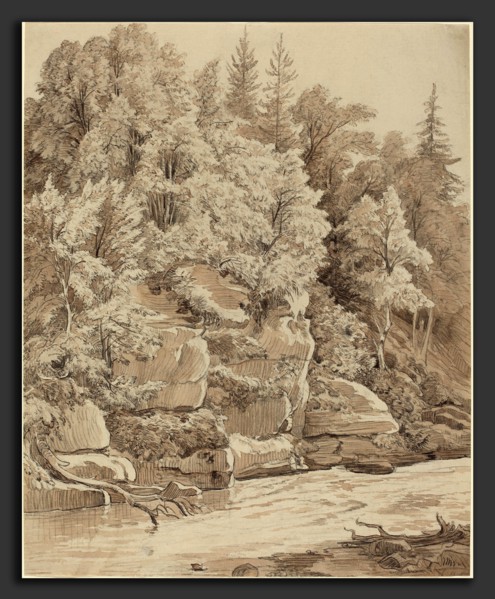 Carl Wagner (German, 1796 - 1867), Wooded Cliffs along a Stream, 1840s, black chalk with brown wash