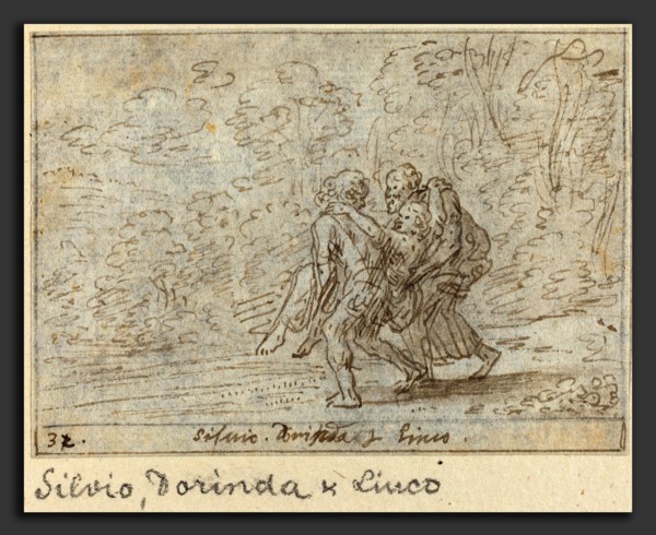 Johann Wilhelm Baur (German, 1607 - 1641), Silvio, Dorinda and Linco, 1640, pen and brown ink with