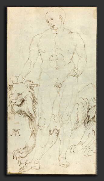 Albrecht DÃ¼rer (German, 1471 - 1528), Male Nude with a Lion, c. 1500, pen and brown ink on laid