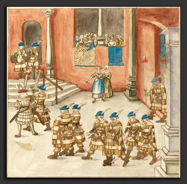 German 16th Century, Procession of Knights Viewed by Ladies on a Balcony, c. 1515, pen and brown
