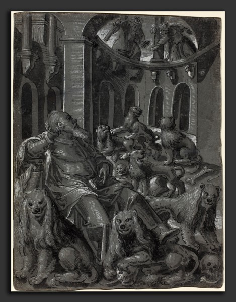 German 16th Century, Daniel in the Lions' Den [recto], c. 1600, pen and black ink with brush and