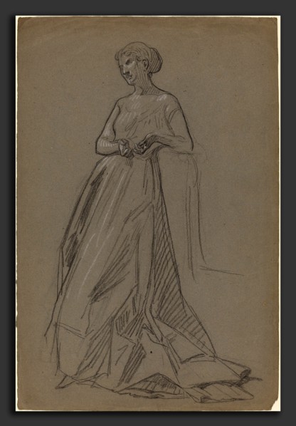 French 19th Century, Standing Woman Leaning on Her Elbow, 1890s, black chalk heightened with white
