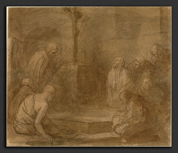 Alphonse Legros, At the Foot of the Cross, French, 1837 - 1911, pen and brown ink with brown wash