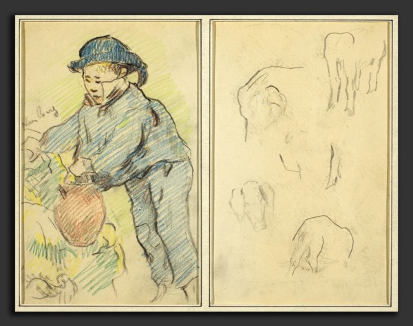 Paul Gauguin (French, 1848 - 1903), A Breton Boy with a Jug; Five Animal Forms, 1884-1888, crayon