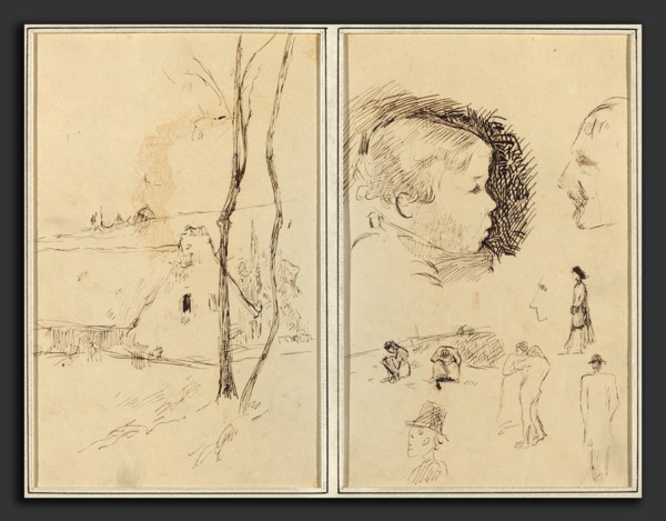 Paul Gauguin (French, 1848 - 1903), Landscape with a Cottage; Profile of Boy, Profile of Man, Two