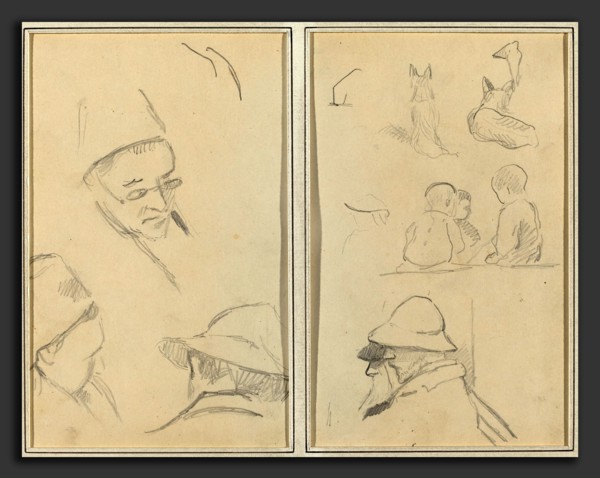 Paul Gauguin (French, 1848 - 1903), Three Studies of Men's Heads, One with Spectacles; Dogs,