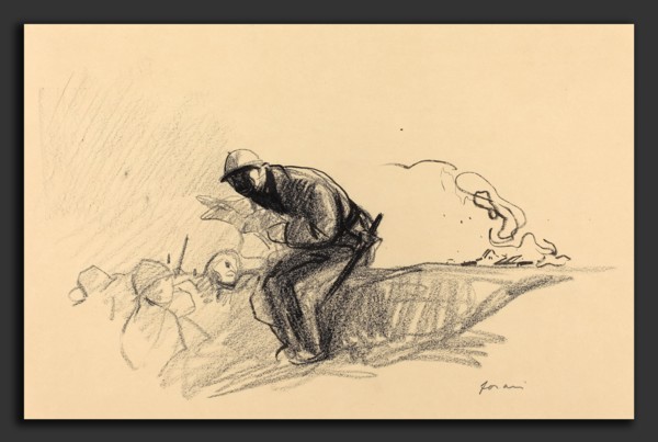 Jean-Louis Forain, News in the Trenches, French, 1852 - 1931, c. 1914-1919, black crayon and brush