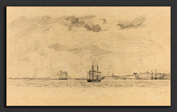 EugÃ¨ne Boudin (French, 1824 - 1898), Coastal Landscape with Shipping, c. 1858, graphite
