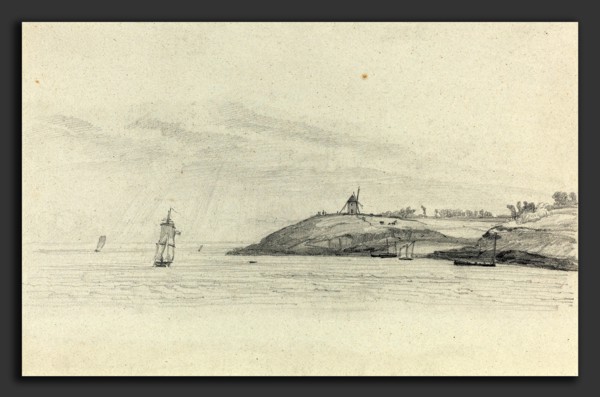 EugÃ¨ne Boudin (French, 1824 - 1898), Coastal Landscape with Shipping; Windmill in Distance, c.