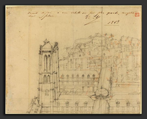 Charles Meryon (French, 1821 - 1868), College Henri IV, 1863, graphite with touches of red chalk on