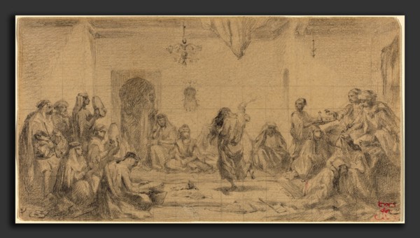 Edmond Hedouin (French, 1820 - 1889), Interior with Dancer, graphite, squared for transfer, on buff