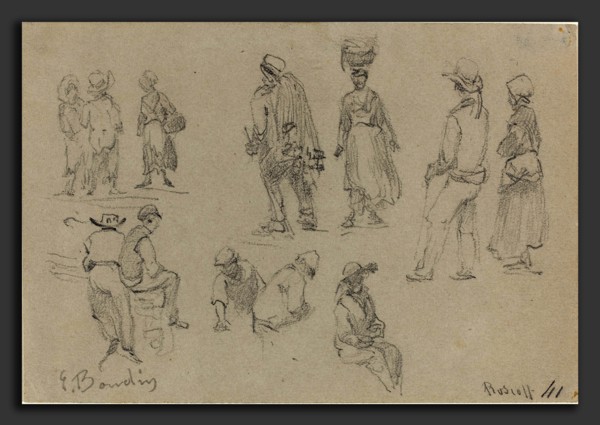 EugÃ¨ne Boudin (French, 1824 - 1898), Provincial Figures, graphite on gray wove paper