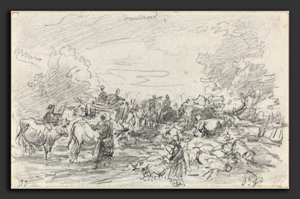 EugÃ¨ne Boudin (French, 1824 - 1898), Herds Crossing a Stream, 1877, graphite on wove paper