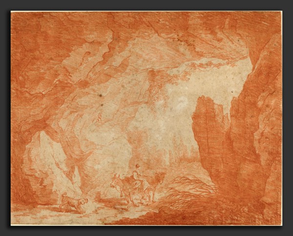 Hubert Robert (French, 1733 - 1808), Young Woman with Donkeys Riding under a Natural Bridge, red