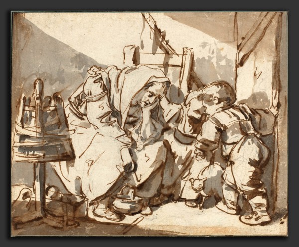 Jean-Baptiste Greuze (French, 1725 - 1805), A Tired Woman with Two Children, 1750-1761, pen and