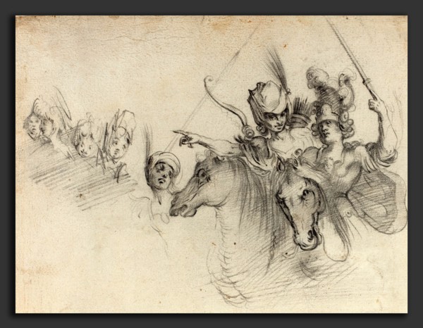 after Jacques Bellange, Figures on Horseback, black chalk on laid paper