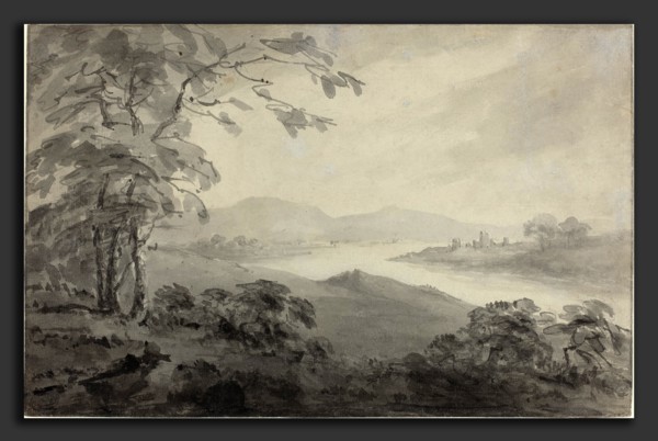 William Gilpin (British, 1724 - 1804), River Landscape with Ruins, 1770s, pen and black ink with