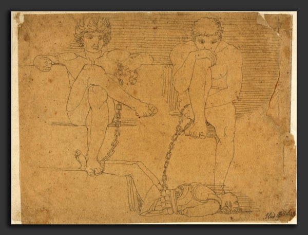 John Flaxman (British, 1755 - 1826), Otus and Ephialtes Holding Mars Captive, 1790s, graphite