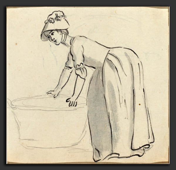 Paul Sandby (British, 1731 - 1809), Girl with a Bonnet at Work [recto], pen and black ink with gray