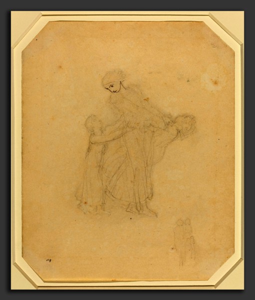 John Flaxman (British, 1755 - 1826), Adult and Two Children, graphite and pen and gray ink