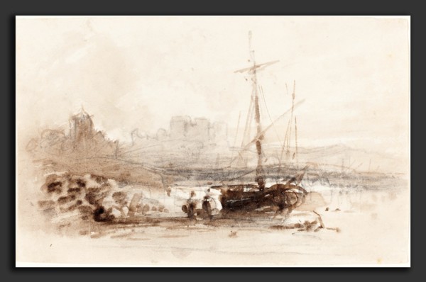 British 19th Century, Sailboat on a Beach, first half 19th century, brown wash and graphite