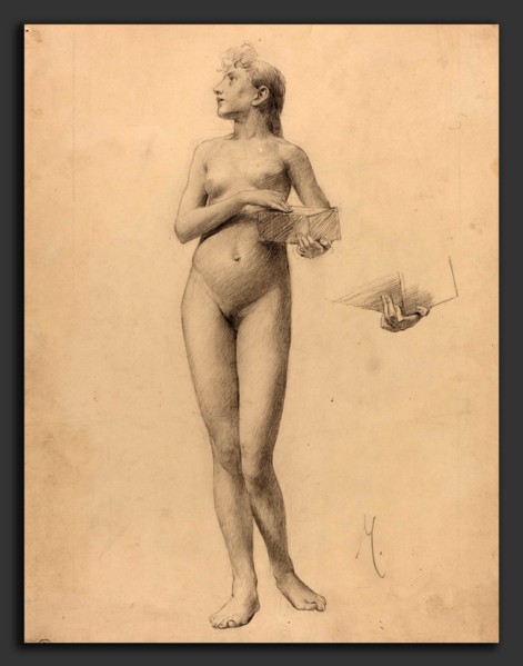 Karel Vitezslav Masek (Czech, 1865 - 1927), Standing Nude Woman Holding a Box, 1896, graphite on