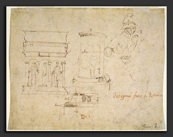 Raphael (Italian, 1483 - 1520), Architectural Details and a Soldier, pen and brown ink on laid