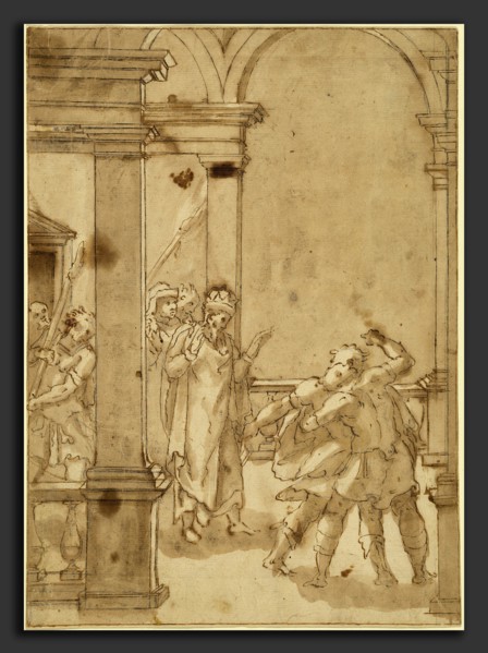 Cesare Nebbia (Italian, c. 1536 - c. 1614), Two Figures Struggling before a King, probably c.