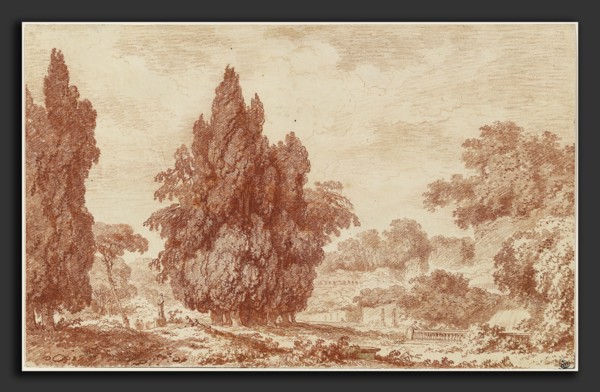 Jean-Honoré Fragonard, A Stand of Cypresses in an Italian Park, French, 1732 - 1806, c. 1760, red