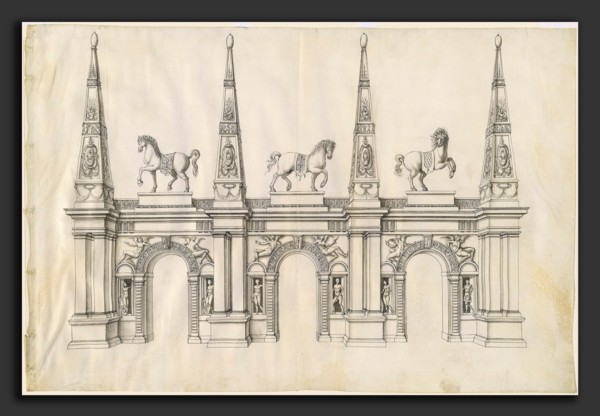 Jacques Androuet Ducerceau I, A Triumphal Arch with Caparisoned Horses and Ornamented Pinnacles,