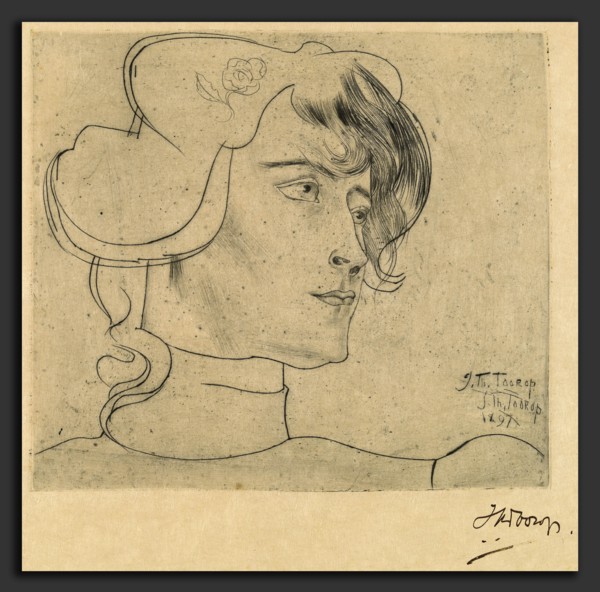 Jan Toorop, Head of a Woman (Marguérite Adolphine Helfrich), Dutch, 1858 - 1928, 1897, drypoint on