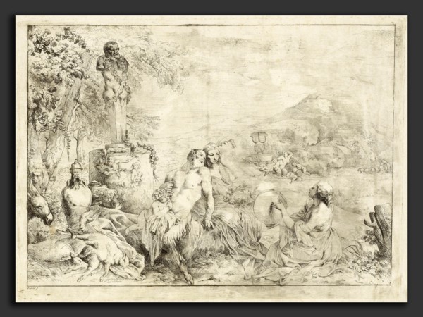 Giovanni David after Giovanni Benedetto Castiglione, Landscape with a Satyr Family and Classical