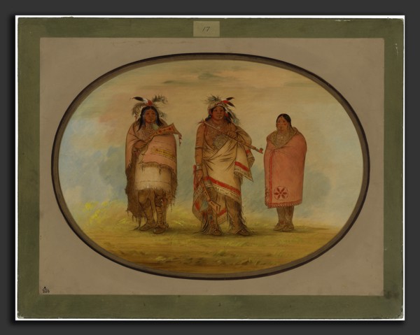 George Catlin, Menomonie Chief, His Wife, and Son, American, 1796 - 1872, 1861-1869, oil on card