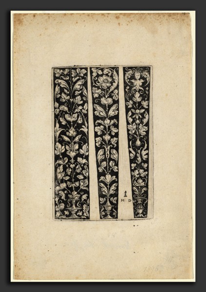 Daniel Hopfer I (German, c. 1470 - 1536), Ornament with Vase and Two Designs for Sleeves, etching