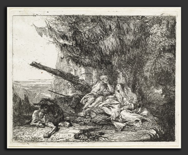 Giovanni Domenico Tiepolo (Italian, 1727 - 1804), The Rest on the Flight, with Holy Family under a