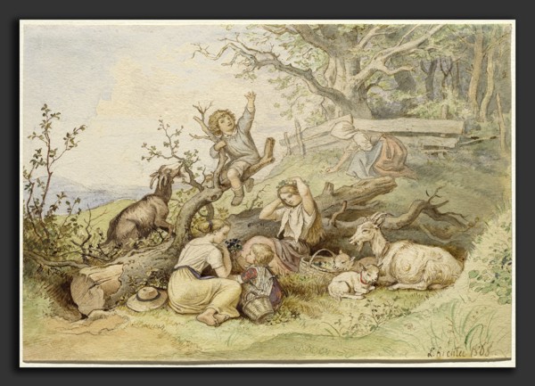 Ludwig Richter (German, 1803 - 1884), Children and Goats Resting by a Fallen Tree, 1868, pen and