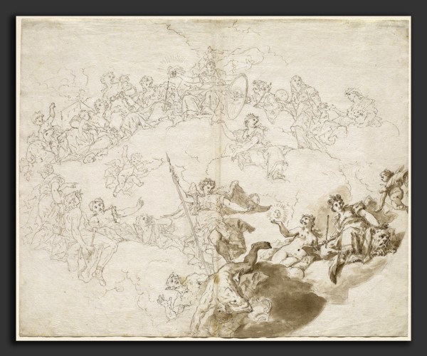 Livio Retti (Italian, 1692-93 - 1751), The Triumph of Virtue and Divine Wisdom, 1736, pen and brown